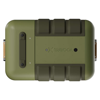 Travoca Rigel 25 dual zone eCooler top view in green color, showcasing its rugged design and features.
