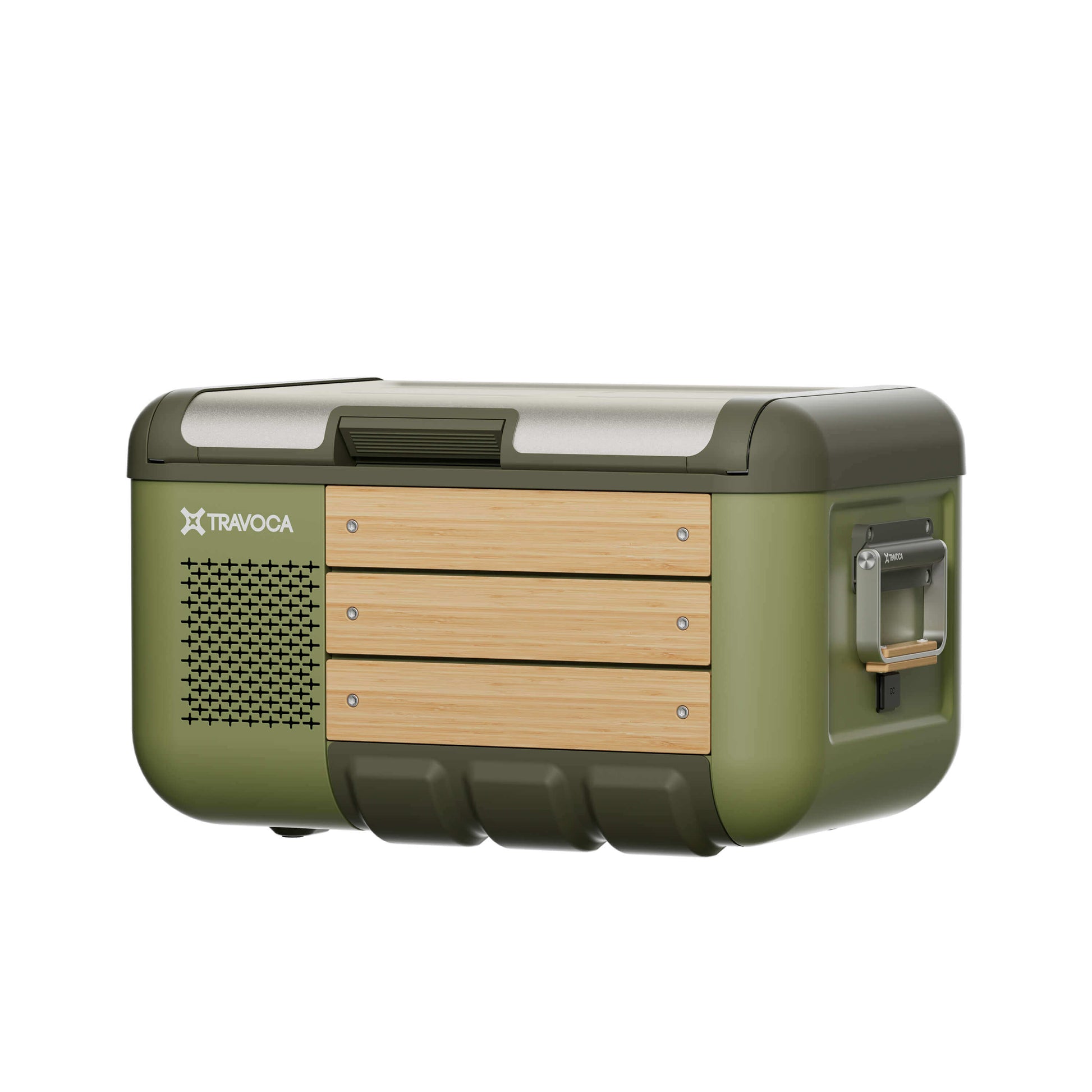 Travoca Rigel 25 dual zone eCooler in green with wooden accents and modern design, ideal for food and drinks.
