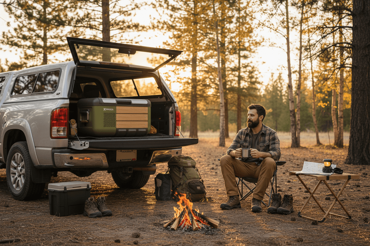 Man enjoying a camping trip with Travoca Rigel 25 dual zone eCooler in the back of a truck by a campfire.