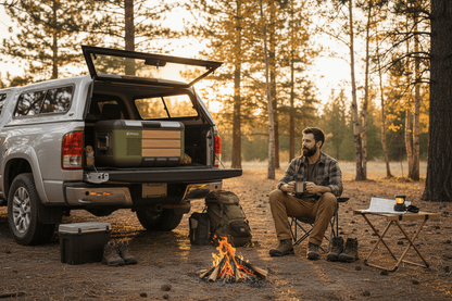 Man enjoying a camping trip with Travoca Rigel 25 dual zone eCooler in the back of a truck by a campfire.