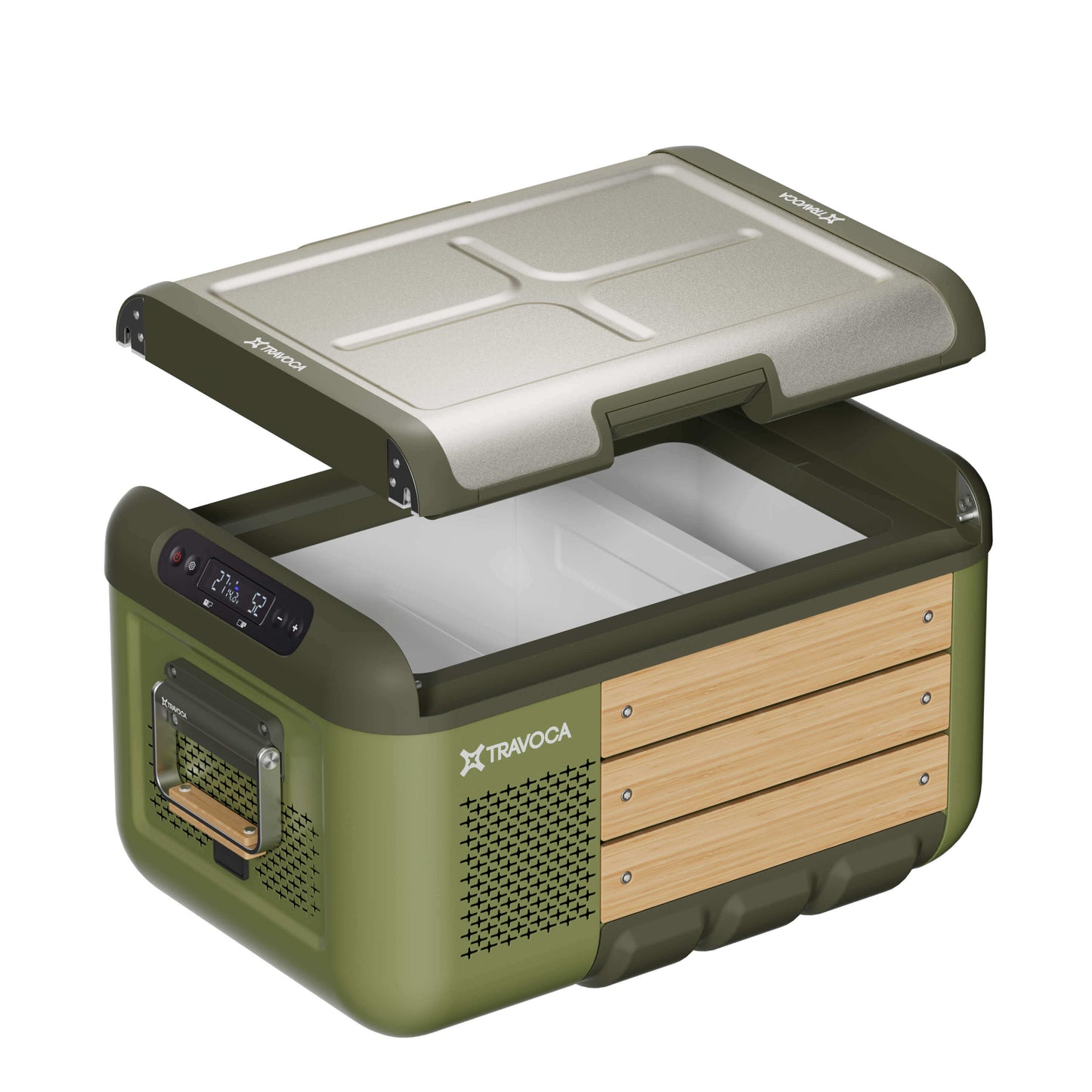 Travoca Rigel 25 dual zone eCooler with a sleek design and dual temperature zones for optimal food and drink storage.