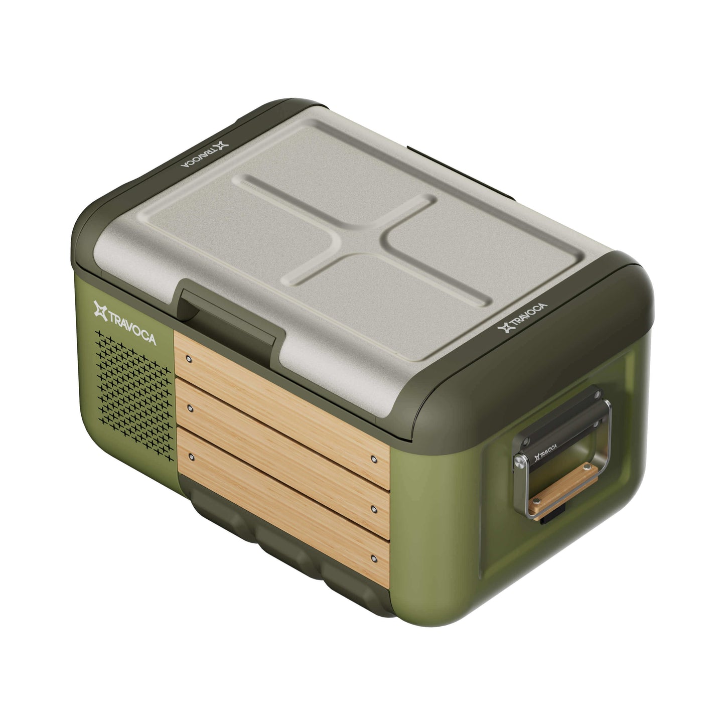 Travoca Rigel 25 dual zone eCooler, a portable cooler with dual temperature zones and wooden elements.