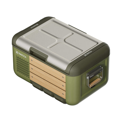 Travoca Rigel 25 dual zone eCooler, a portable cooler with dual temperature zones and wooden elements.