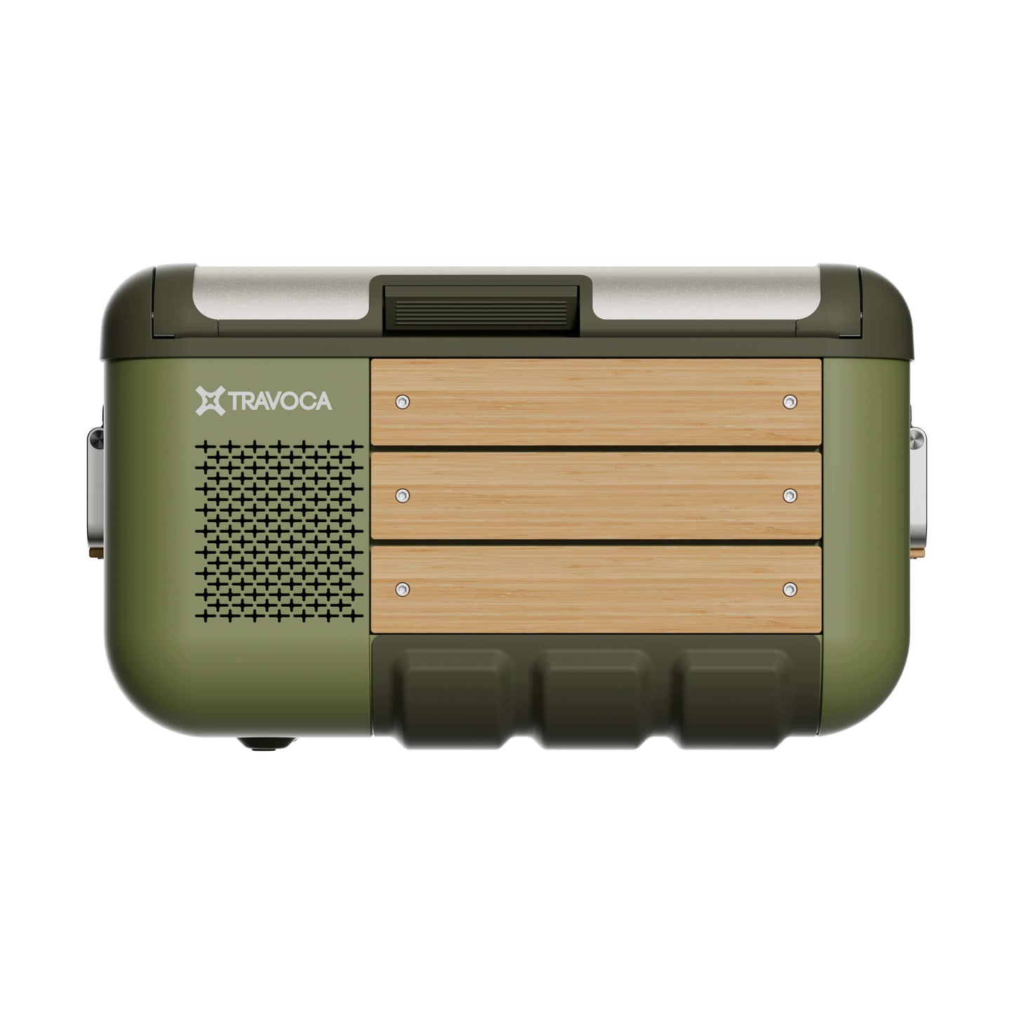 Travoca Rigel 25 dual zone eCooler in green with wooden accents on top view.