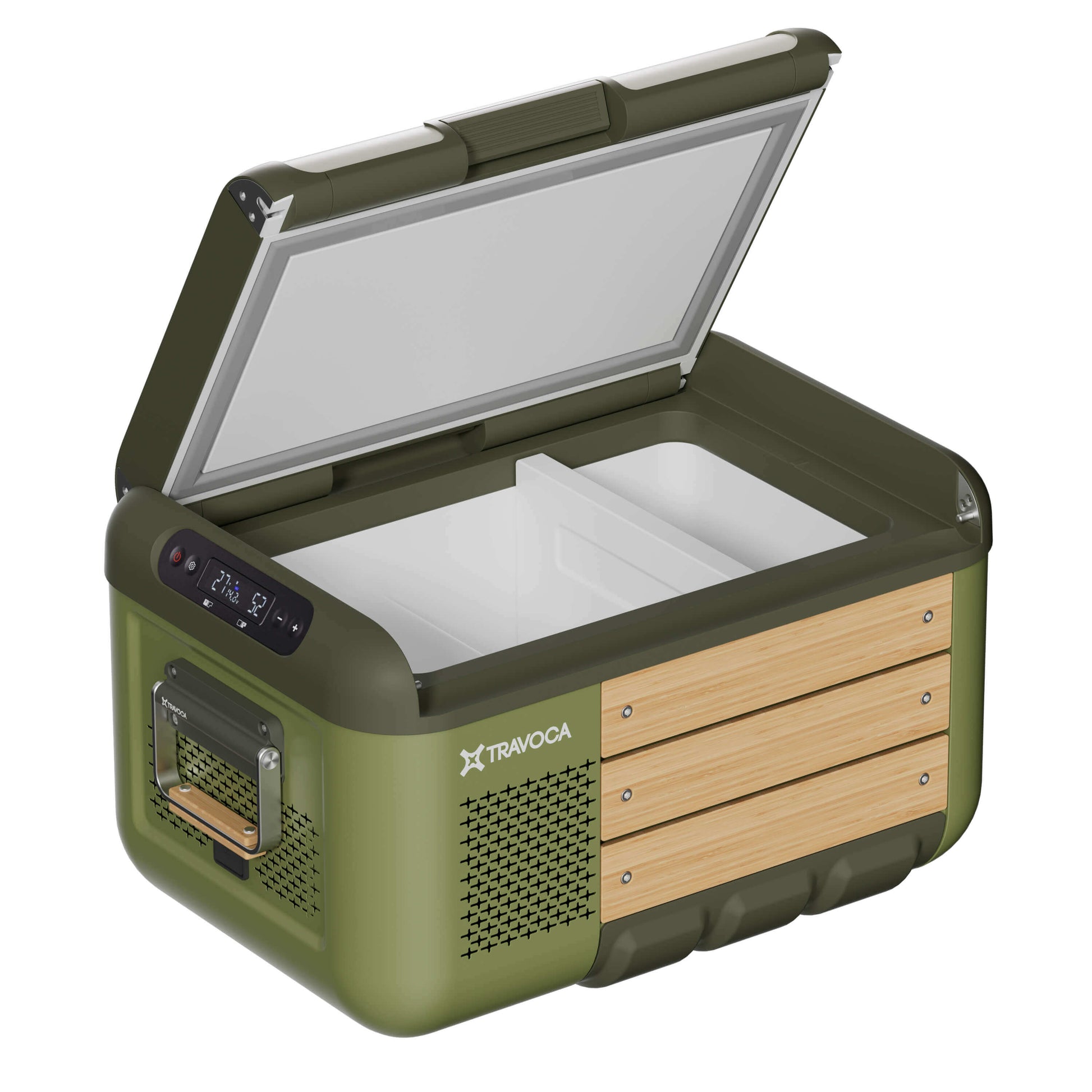 Travoca Rigel 25 dual zone eCooler with dual compartments and control panel.