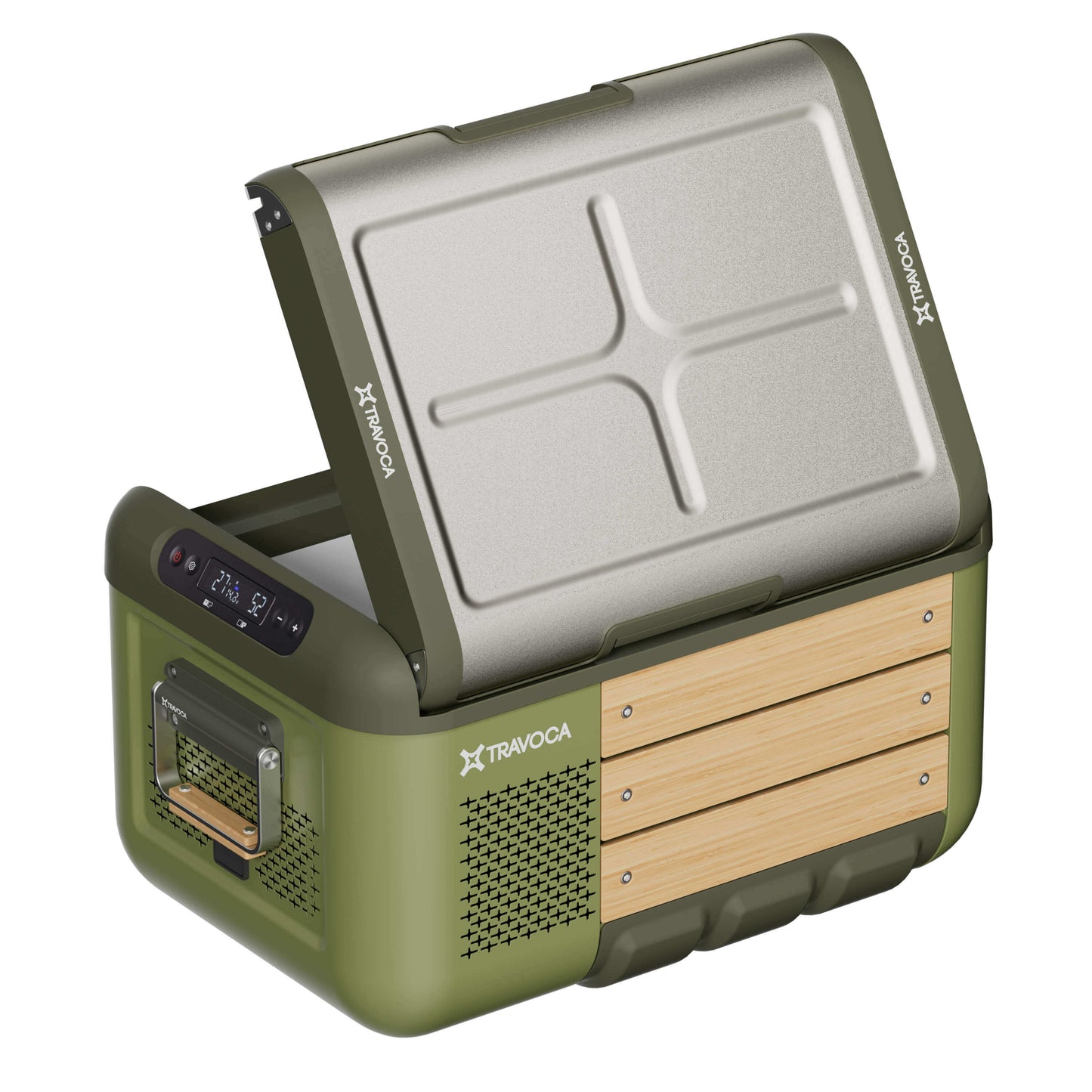 Travoca Rigel 25 dual zone eCooler with lid open showcasing dual zones and control panel.