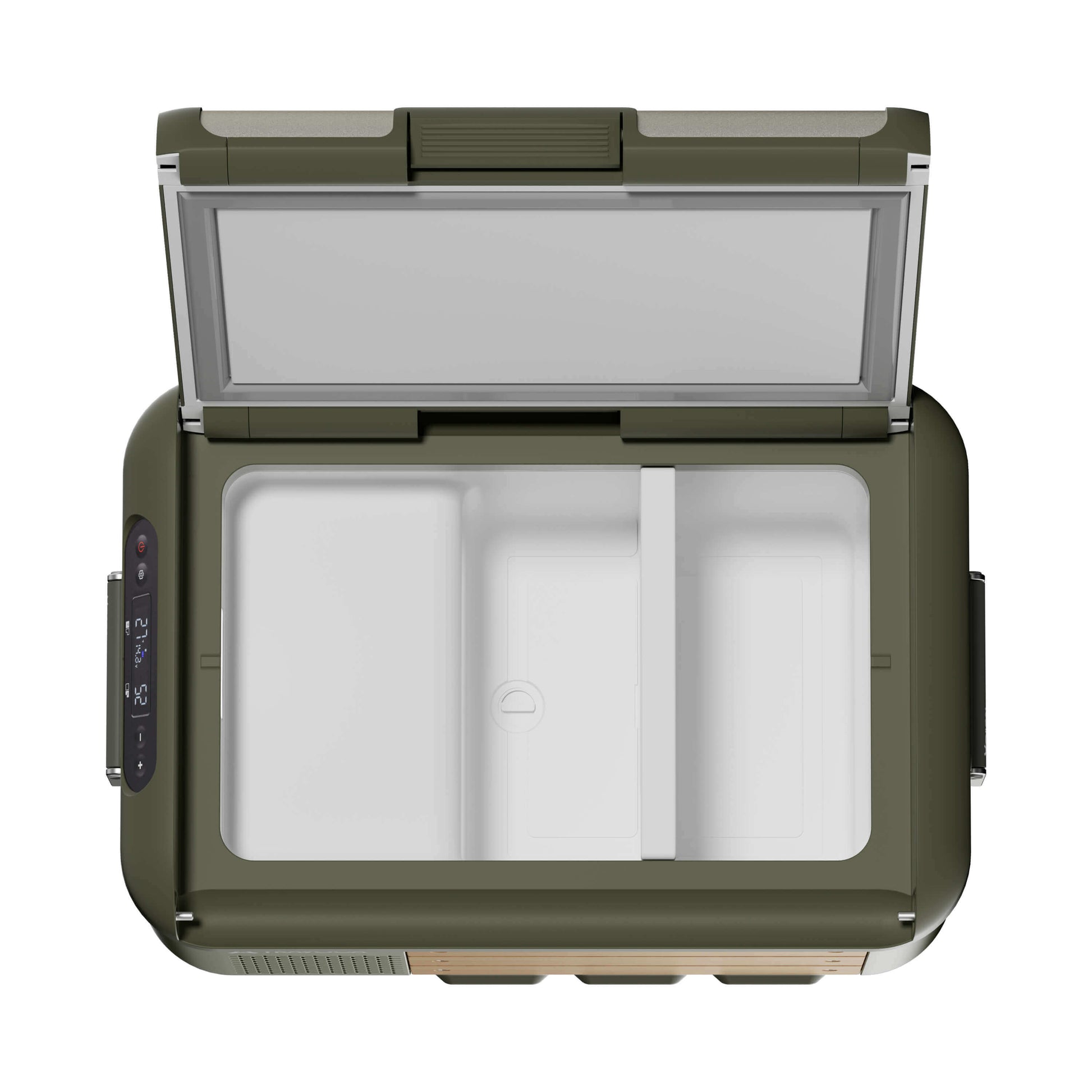 Top view of Travoca Rigel 25 dual zone eCooler showcasing dual compartments for food and drinks.