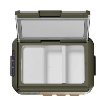 Top view of Travoca Rigel 25 dual zone eCooler showcasing dual compartments for food and drinks.