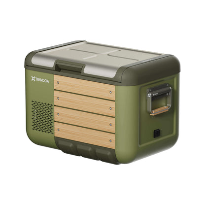 Travoca Rigel 35 Dual Zone eCooler in green with bamboo accents and dual zone temperature control.