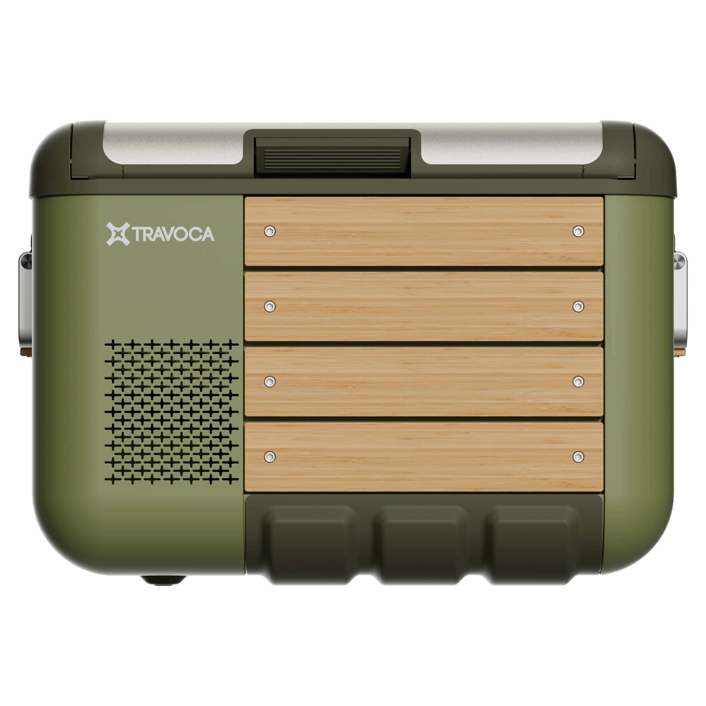 Travoca Rigel 35 Dual Zone eCooler with wooden panels and green exterior for optimal food and drink cooling.