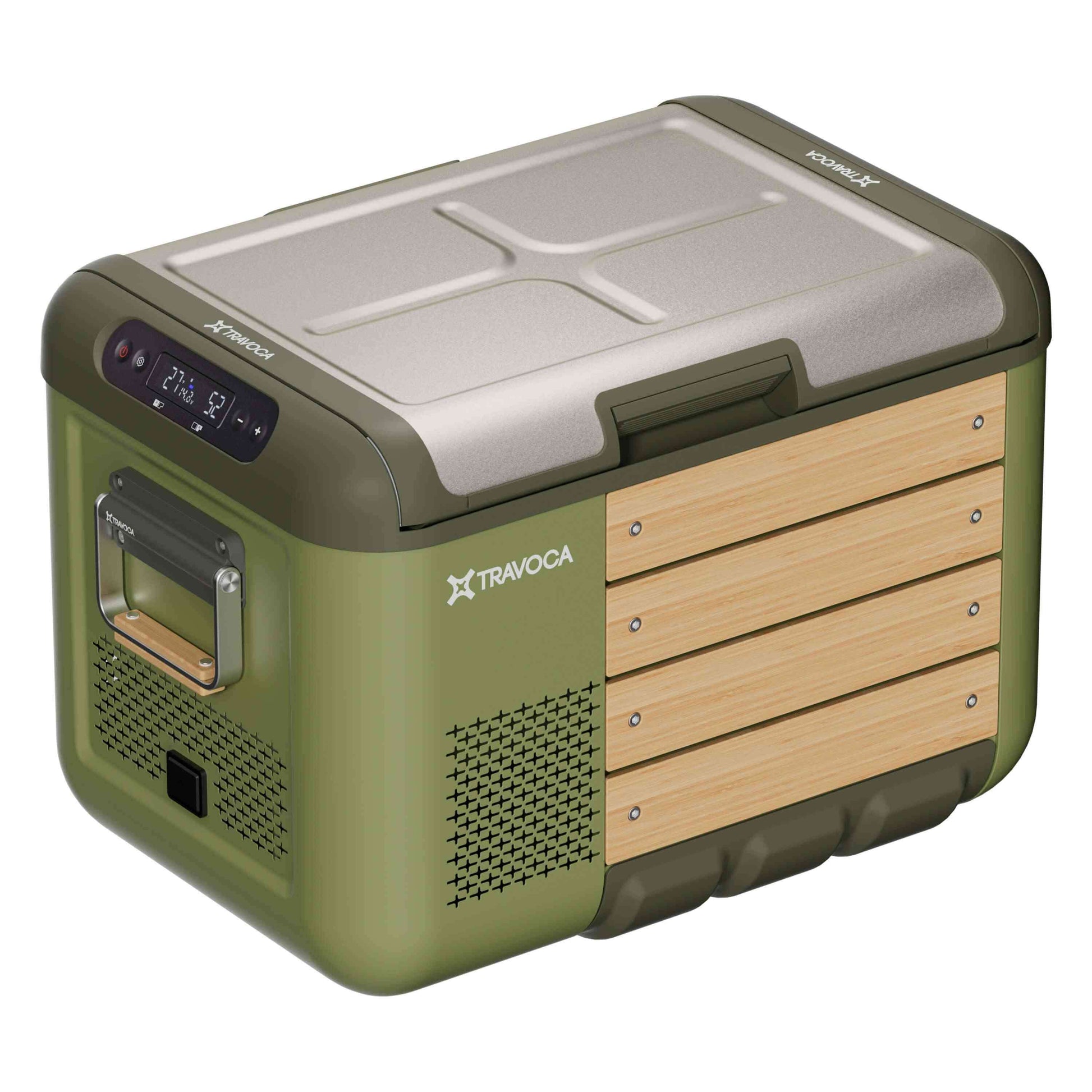 Travoca Rigel 35 Dual Zone eCooler in green with wooden accents, perfect for keeping drinks and ice cream cold.