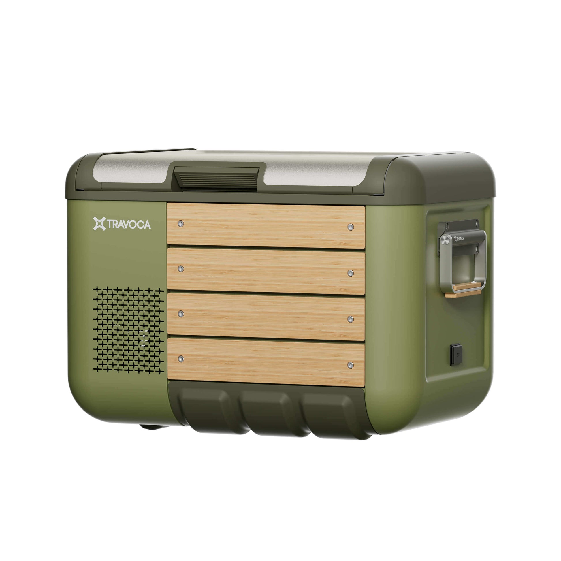 Travoca Rigel 35 Dual Zone eCooler in green with wooden accents, ideal for outdoor trips.