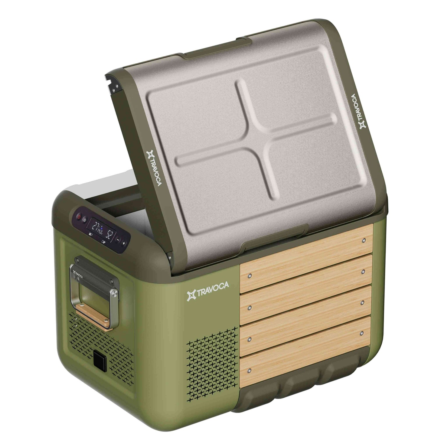 Travoca Rigel 35 Dual Zone eCooler with open lid showcasing dual temperature zones for food and drinks.