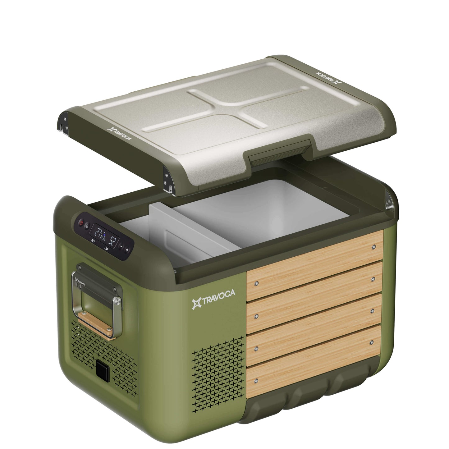 Travoca Rigel 35 Dual Zone eCooler with open lid showing interior compartments and temperature control panel.