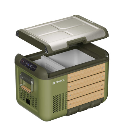 Travoca Rigel 35 Dual Zone eCooler with open lid showing interior compartments and temperature control panel.