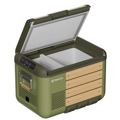 Travoca Rigel 35 Dual Zone eCooler with lid open, showcasing dual zones for cooling food and drinks.