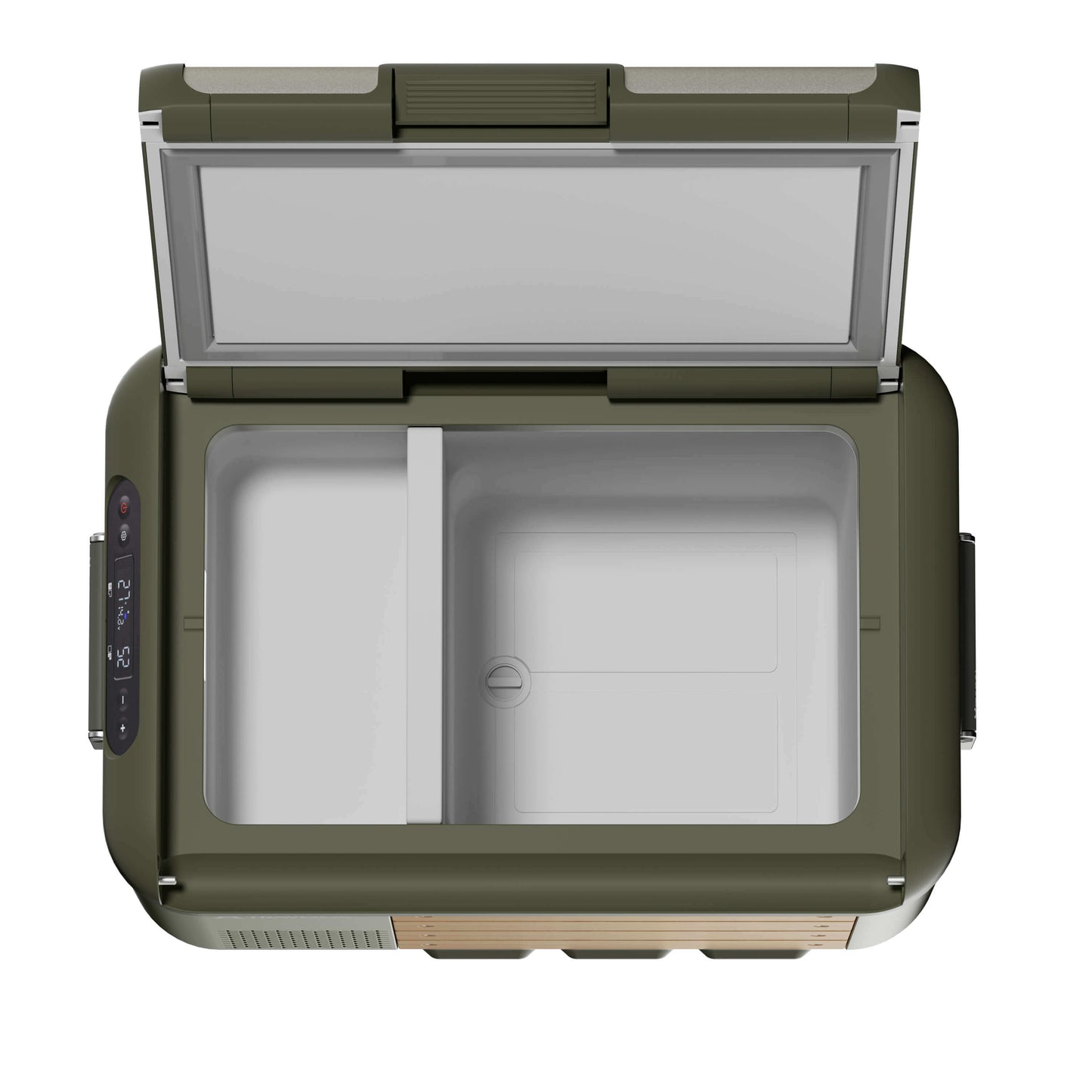 Top view of Travoca Rigel 35 Dual Zone eCooler showcasing dual compartments for customized temperature control.