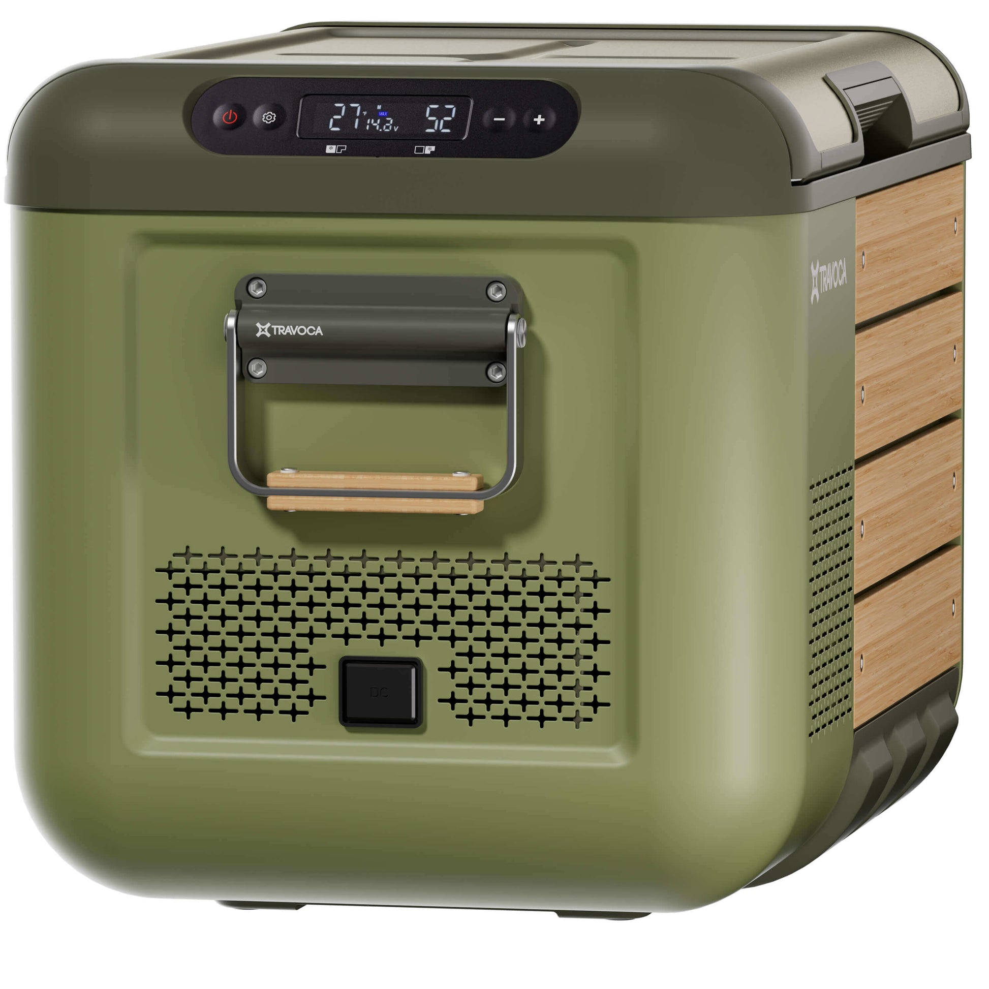 Travoca Rigel 35 Dual Zone eCooler with a digital display and wooden accents