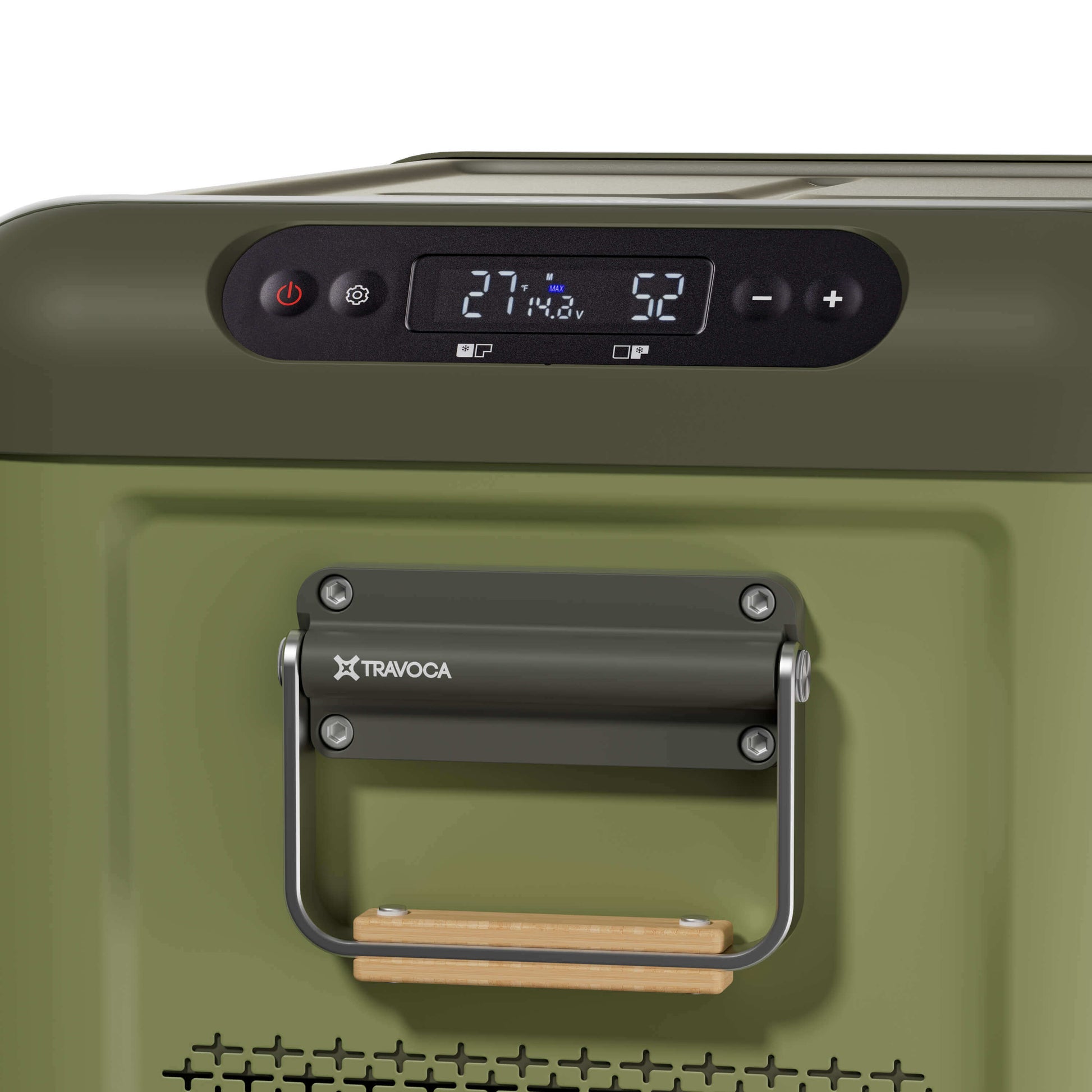 Travoca Rigel 35 Dual Zone eCooler control panel showing temperature settings and sturdy handle.