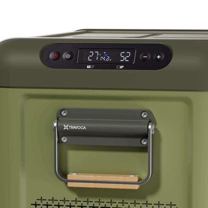 Travoca Rigel 35 Dual Zone eCooler control panel showing temperature settings and sturdy handle.