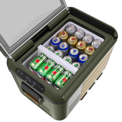 Travoca Rigel 35 Dual Zone eCooler packed with beverages and ice, ideal for outdoor adventures.