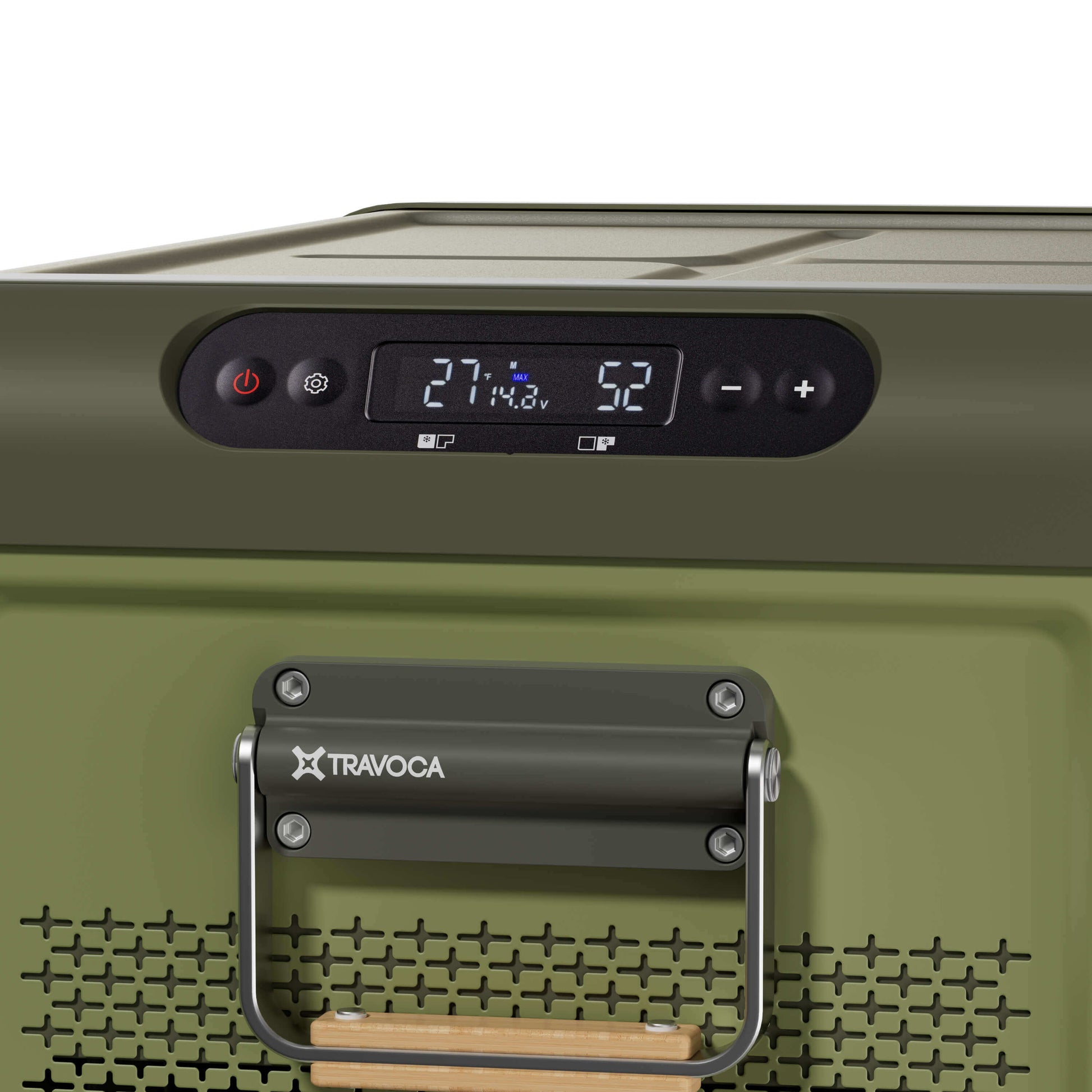 Control panel of Travoca Rigel 45 Dual Zone eCooler with temperature settings and handle.