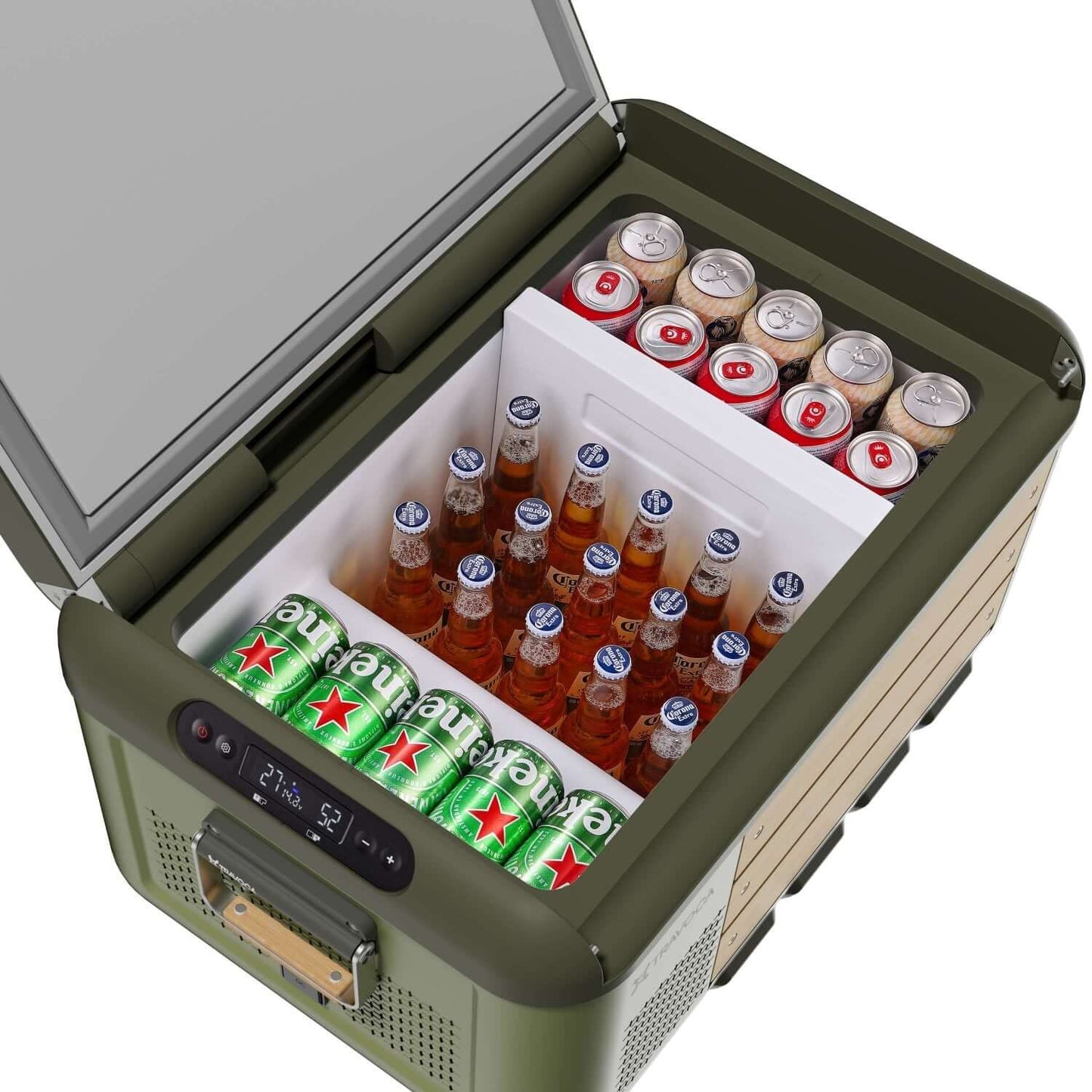 Travoca Rigel 45 Dual Zone eCooler with various beverages stored inside