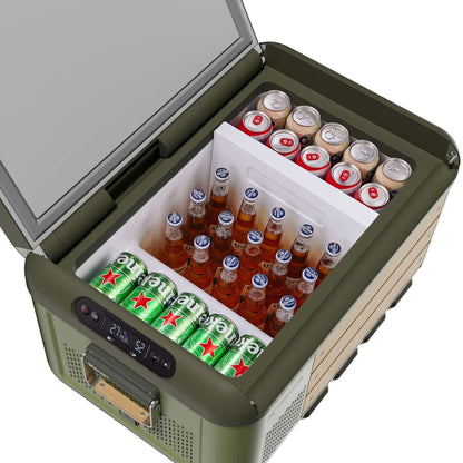 Travoca Rigel 45 Dual Zone eCooler with various beverages stored inside