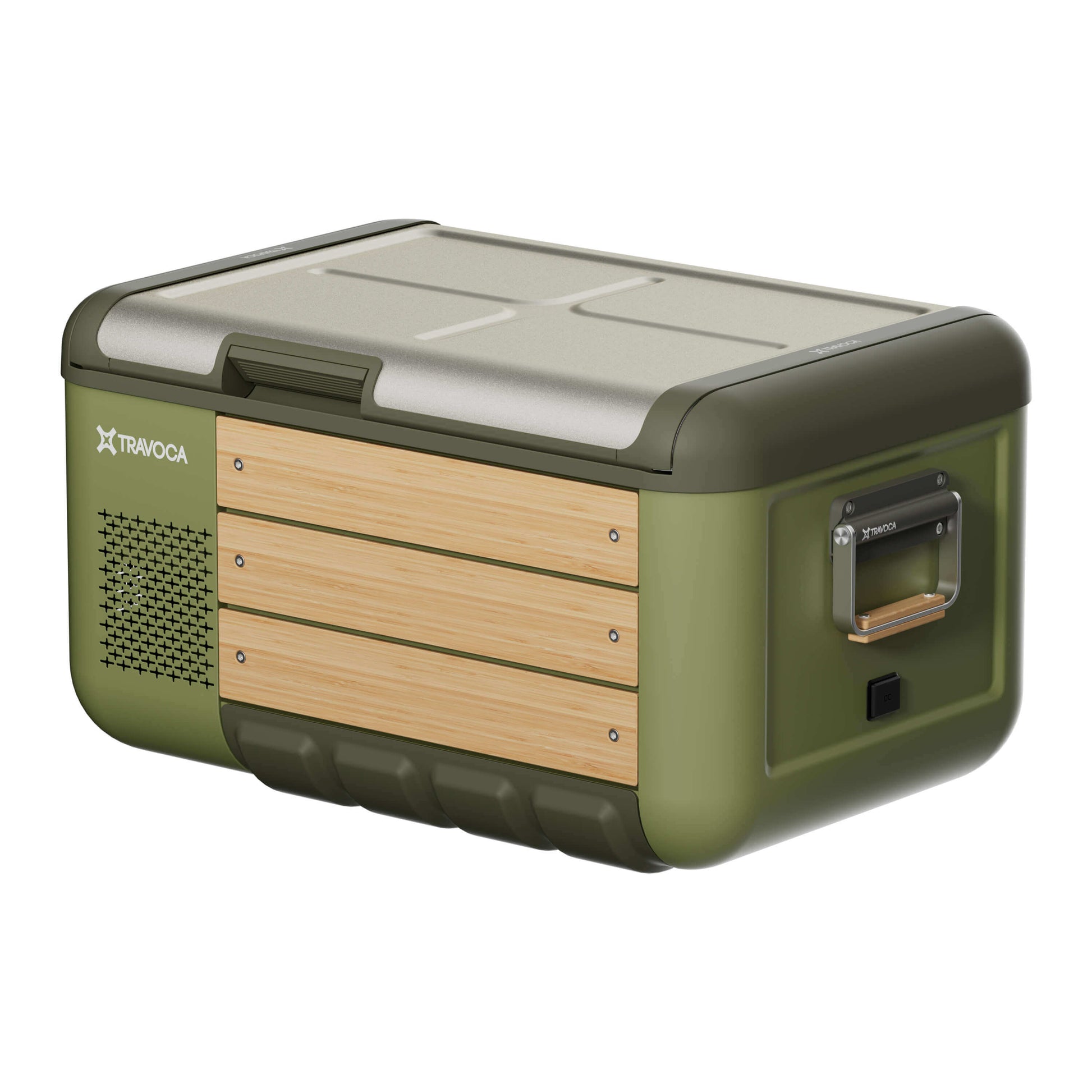 Travoca Rigel 45 Dual Zone eCooler with a bamboo front and green body, designed for optimal temperature control.