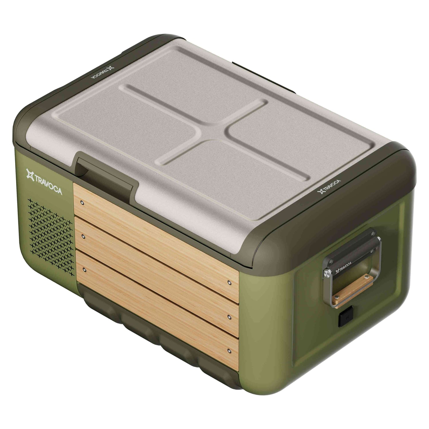 Travoca Rigel 45 Dual Zone eCooler with sleek design and wood accents for food and drink storage.