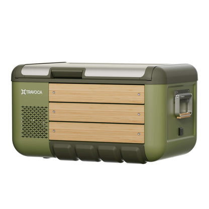 Travoca Rigel 45 Dual Zone eCooler with wooden accents and a sleek design.