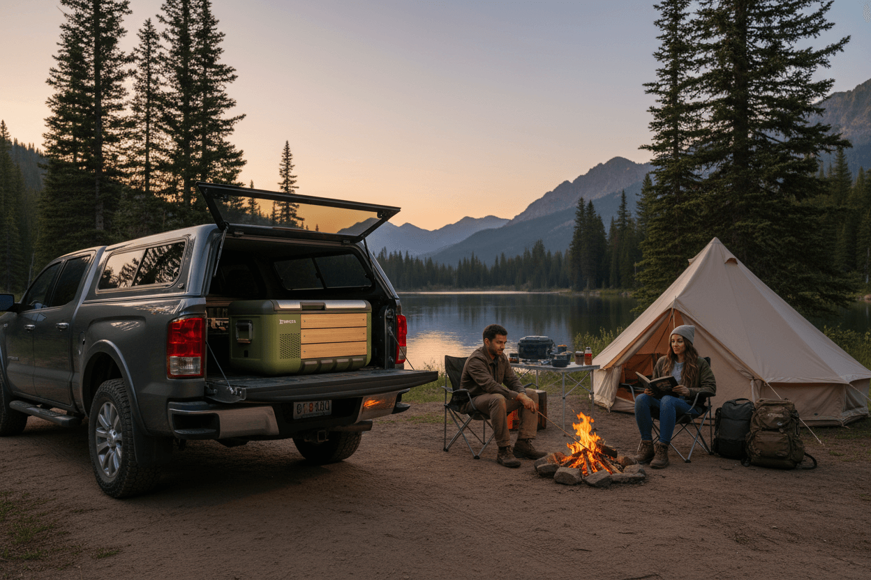 Travoca Rigel 45 Dual Zone eCooler by a campfire near a lake with a couple enjoying the outdoors.