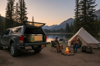 Travoca Rigel 45 Dual Zone eCooler by a campfire near a lake with a couple enjoying the outdoors.