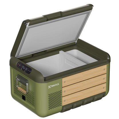 Travoca Rigel 45 Dual Zone eCooler with open lid showcasing dual zones and ample storage space.