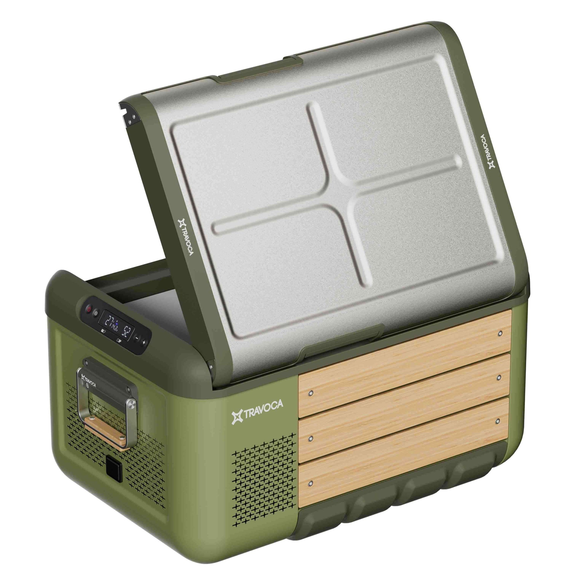 Travoca Rigel 45 Dual Zone eCooler with lid open, showcasing dual temperature zones and sleek design.