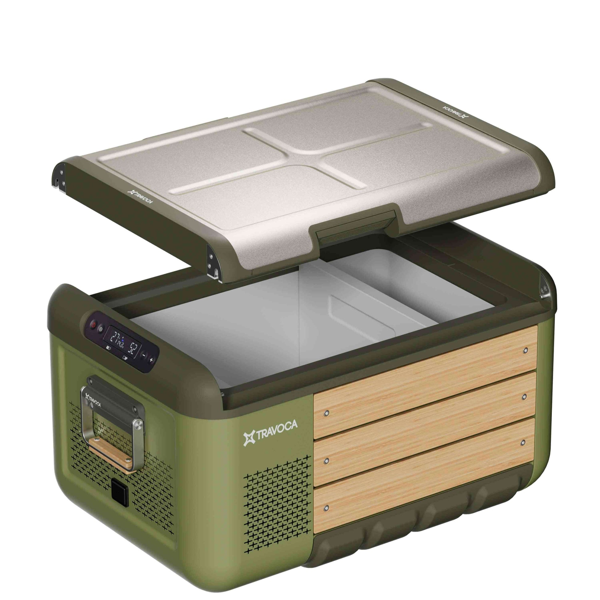 Travoca Rigel 45 Dual Zone eCooler with open lid showing spacious interior and premium materials.