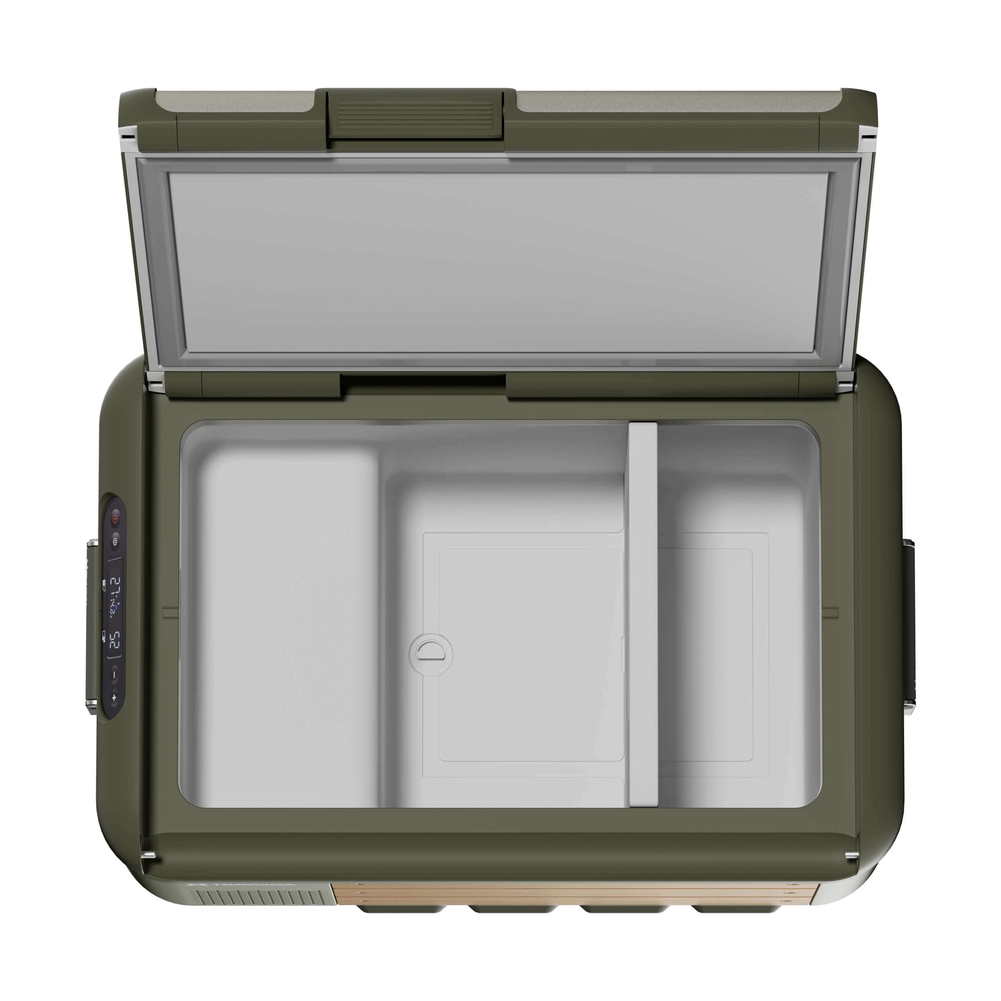 Top view of the Travoca Rigel 45 Dual Zone eCooler showcasing its dual compartment design.