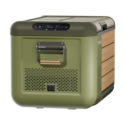 Travoca Rigel 60 Dual Zone eCooler in olive green with wooden accents and control panel.
