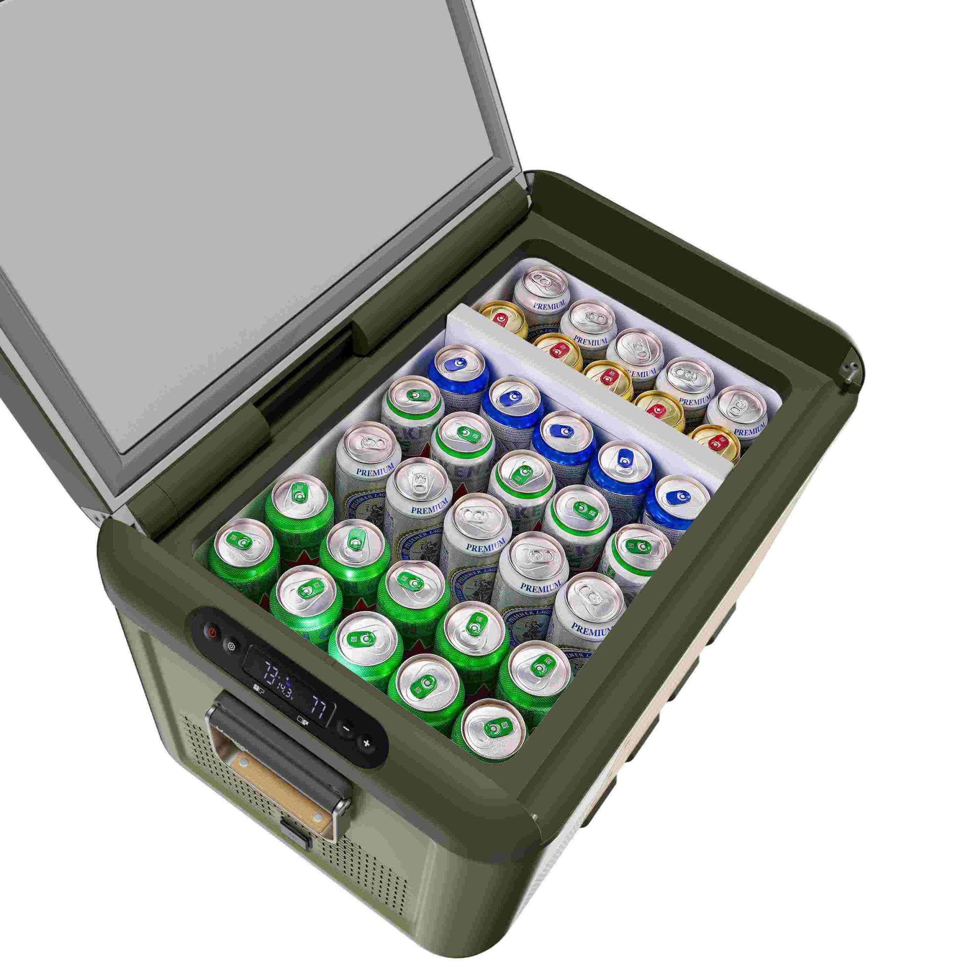 Inside view of the Travoca Rigel 60 Dual Zone eCooler with organized canned drinks.