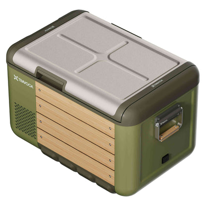 Travoca Rigel 60 Dual Zone eCooler with dual temperature zones and wooden panel design for optimal cooling.