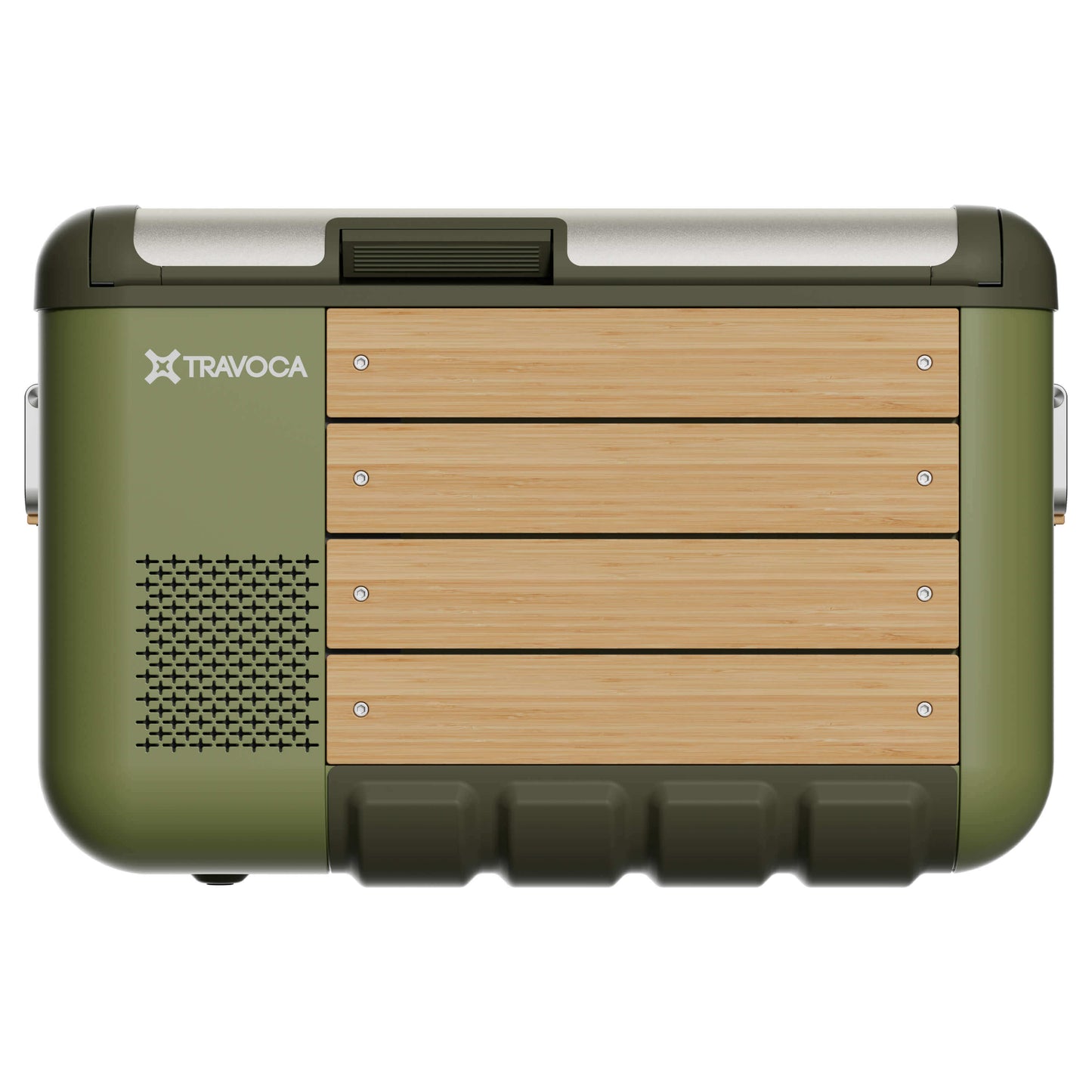 Travoca Rigel 60 Dual Zone eCooler in green with wooden accents and premium design.