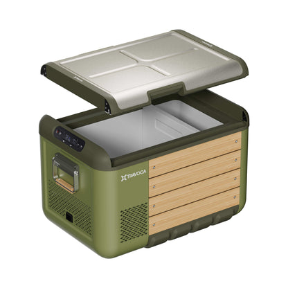 Travoca Rigel 60 Dual Zone eCooler with open lid showcasing spacious interior and premium design.