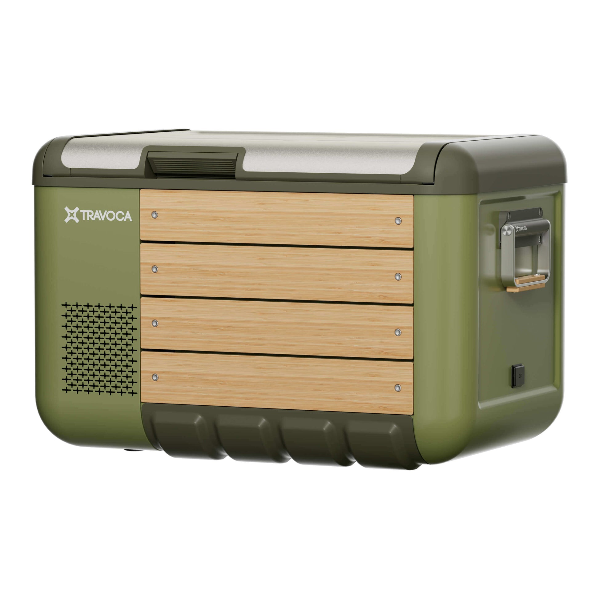 Travoca Rigel 60 Dual Zone eCooler in green with bamboo accents and sleek design, ideal for outdoor adventures.