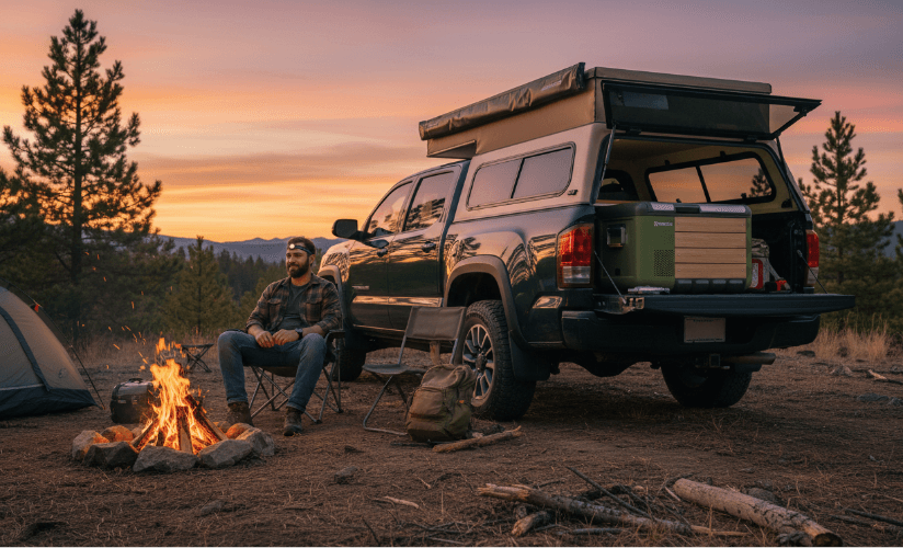 Man relaxing by a campfire next to a truck with camping gear at sunset in the wilderness.