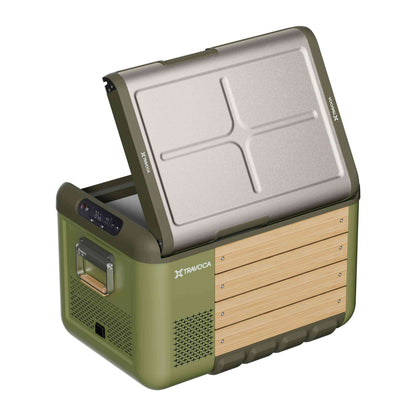 Travoca Rigel 60 Dual Zone eCooler with lid open, showcasing spacious interior and sleek design.