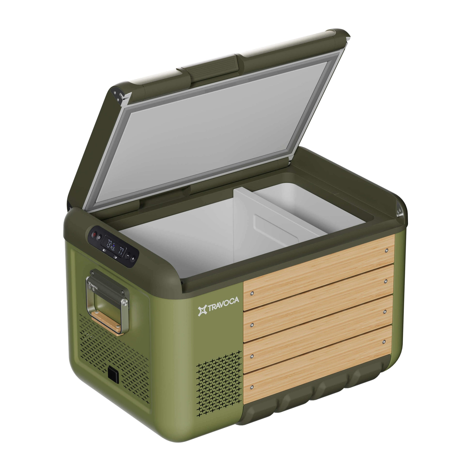Travoca Rigel 60 Dual Zone eCooler with open lid and wood accents, perfect for keeping food and drinks cool.