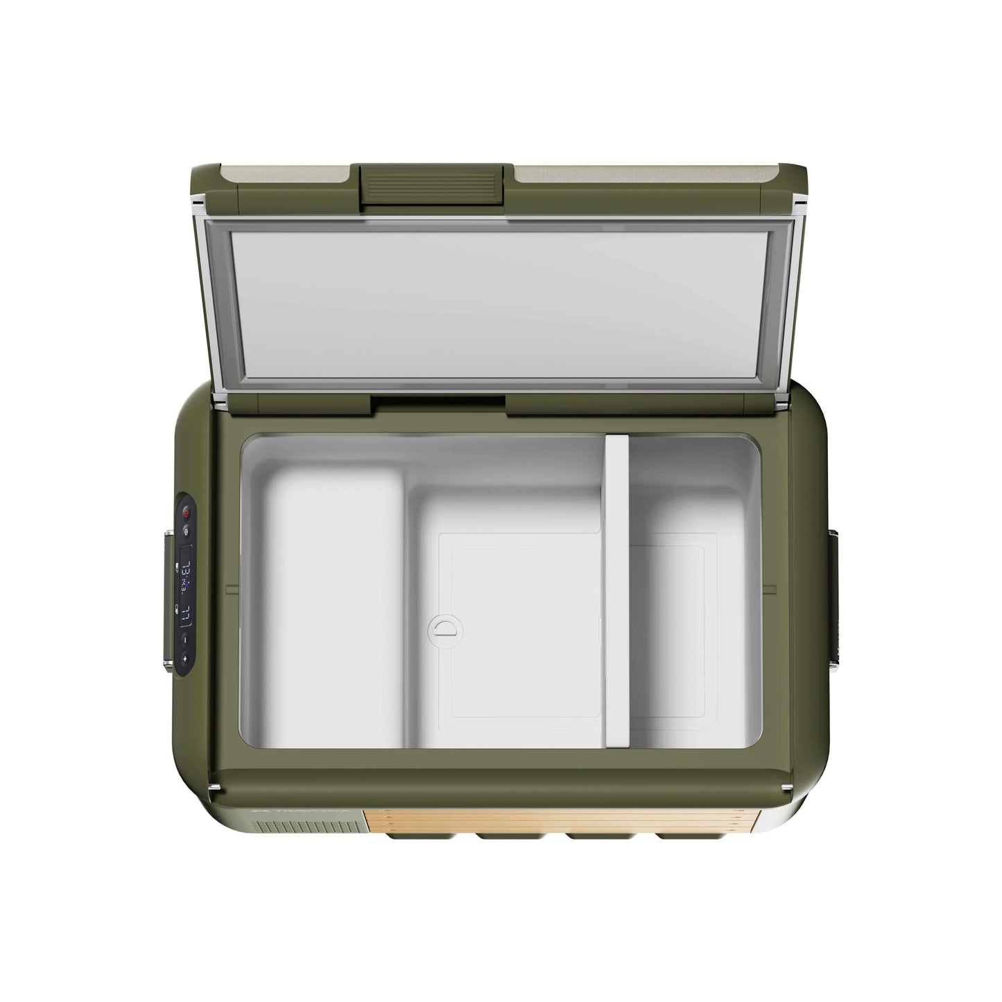 Top view of Travoca Rigel 60 Dual Zone eCooler showcasing dual compartments for customizable storage.