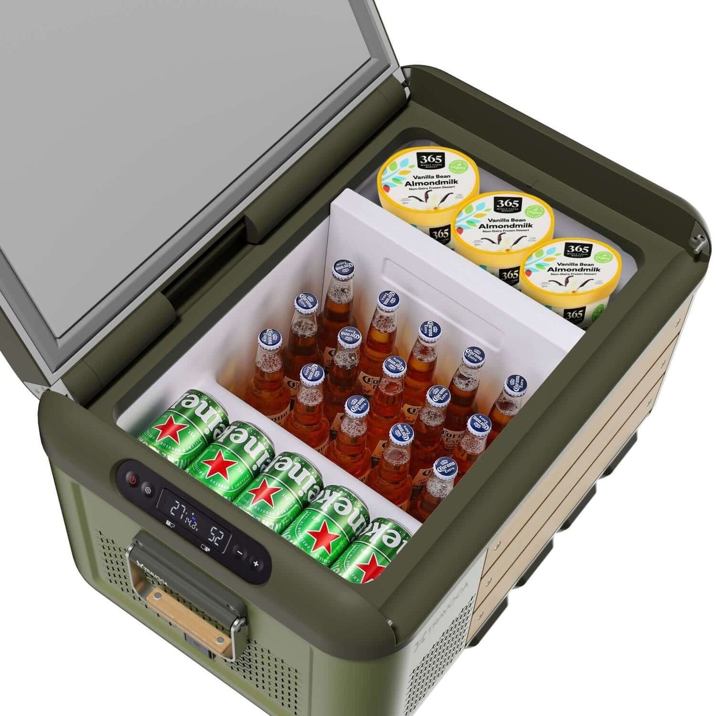 Inside view of the Travoca Rigel 45 Dual Zone eCooler showing drinks and ice cream.