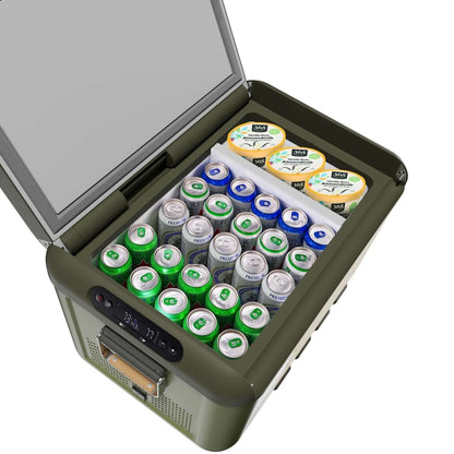 Inside view of Travoca Rigel 60 Dual Zone eCooler filled with drinks and ice cream.