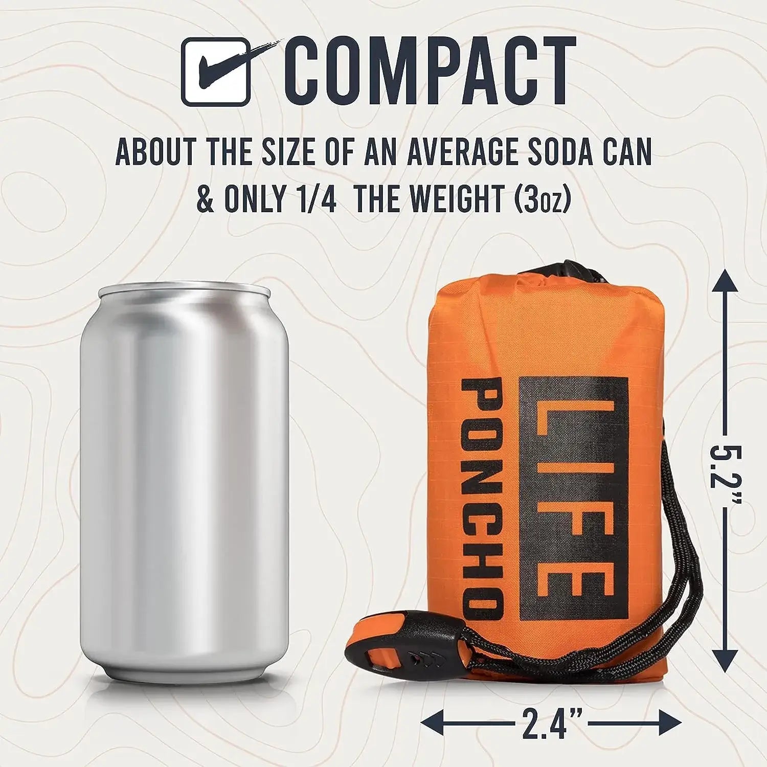 Compact LIFE poncho Emergency Survival Thermal Survival Space Blanket Raincoat Heat Reflective, size of a soda can.